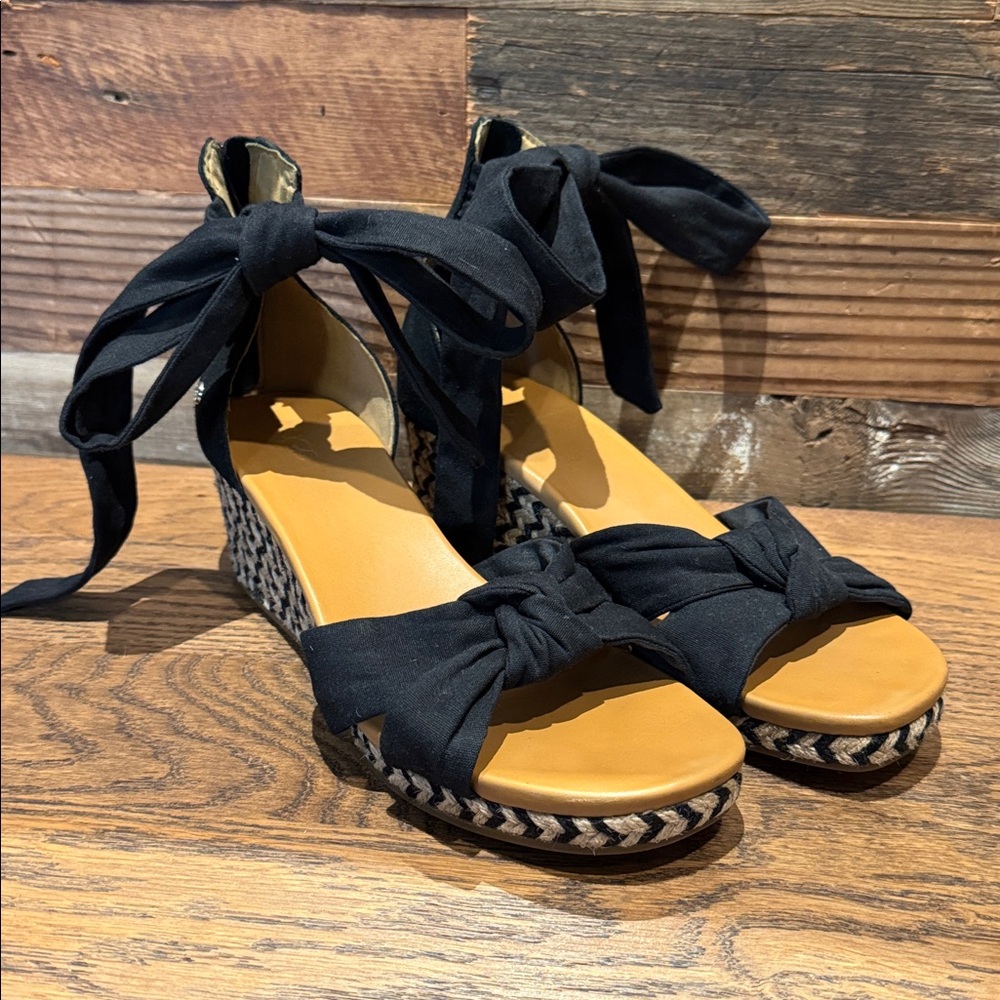 UGG Black Ankle-Tie Wedge Sandals